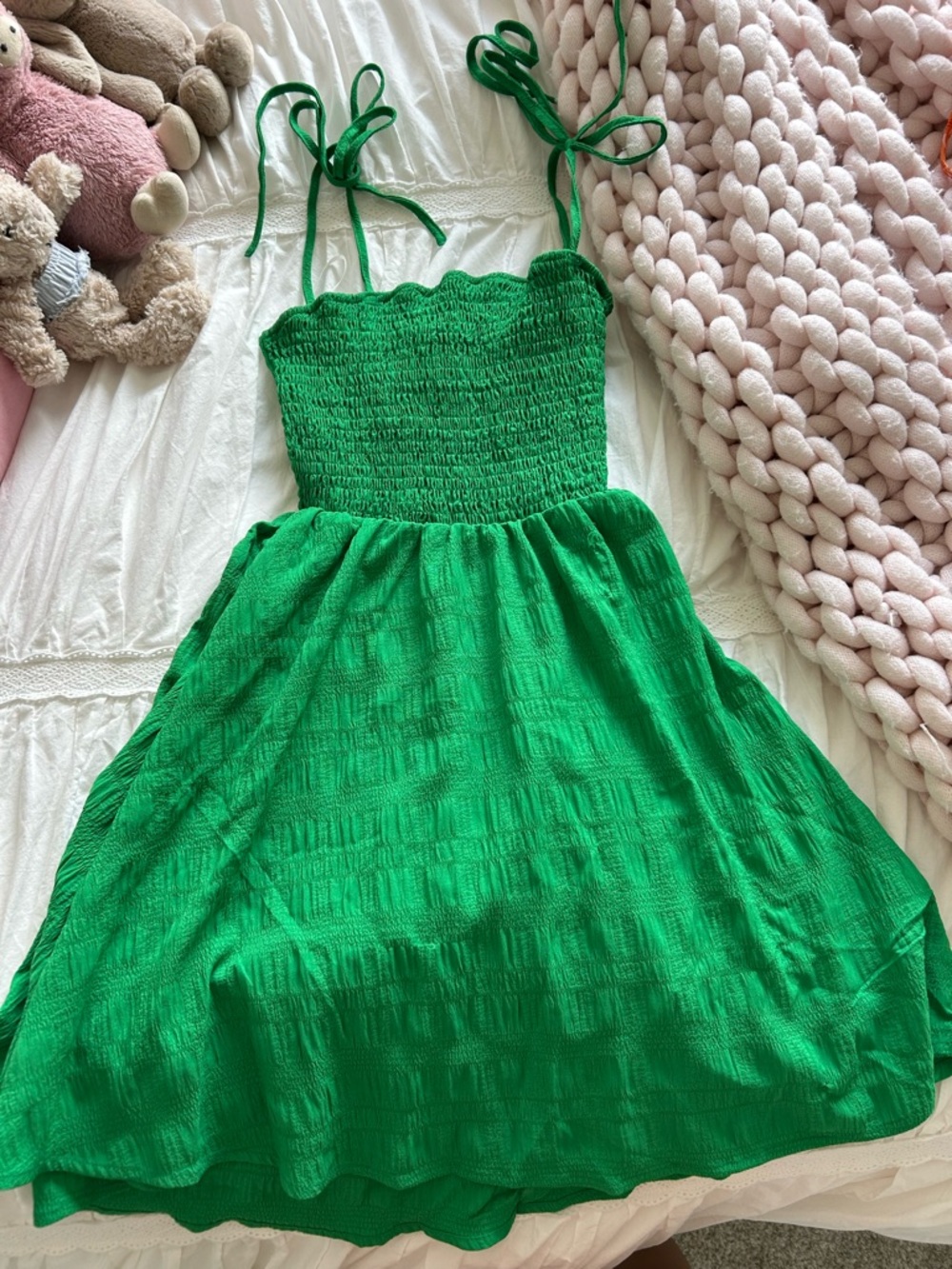SHEIN Green Tie-Shoulder Smocked Mini Dress